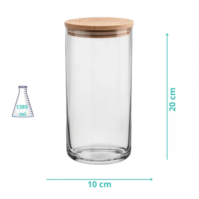 Szklany słoik z drewnianą pokrywką na żywność, produkty suche 20cm, 1385ml