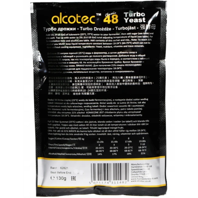 drożdże gorzelnicze ALCOTEC 48 TURBO YEAST MOCNE na 25 LITRÓW