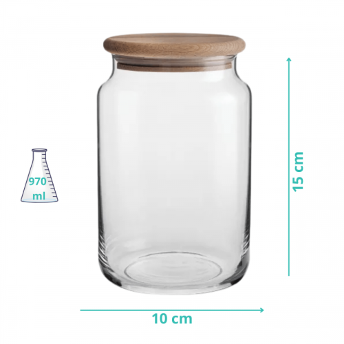 cSzklany słoik z drewnianą pokrywką na żywność, produkty suche 15cm, 970ml